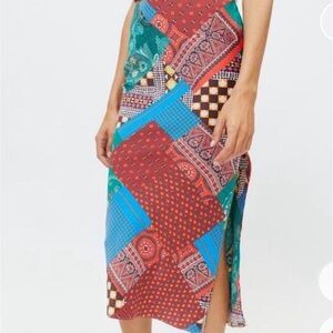 Urban Outfitters Patchwork Print Midi Skirt with slit, like new, size XS, silk